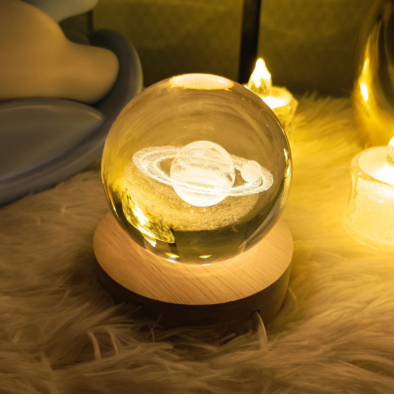 Saturn Crystal Night Light - Wooden Base, Warm LED Light, USB Powered, Study and Bedroom Decor