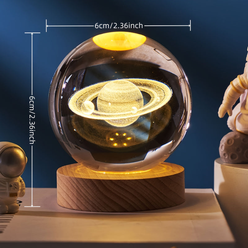 Saturn Crystal Night Light - Wooden Base, Warm LED Light, USB Powered, Study and Bedroom Decor