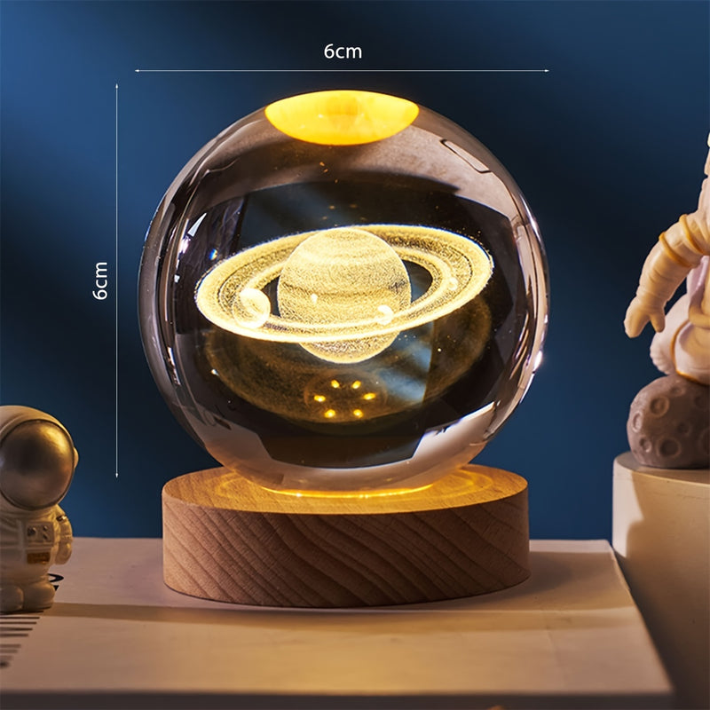 Saturn Crystal Night Light - Wooden Base, Warm LED Light, USB Powered, Study and Bedroom Decor