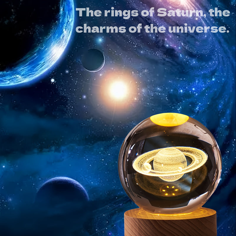 Saturn Crystal Night Light - Wooden Base, Warm LED Light, USB Powered, Study and Bedroom Decor