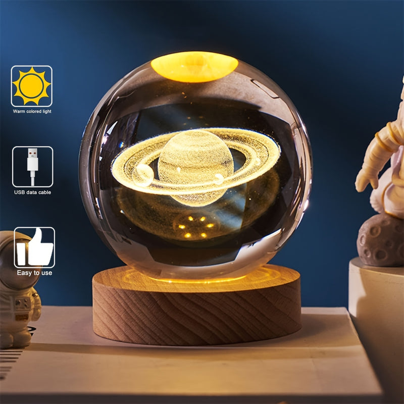 Saturn Crystal Night Light - Wooden Base, Warm LED Light, USB Powered, Study and Bedroom Decor