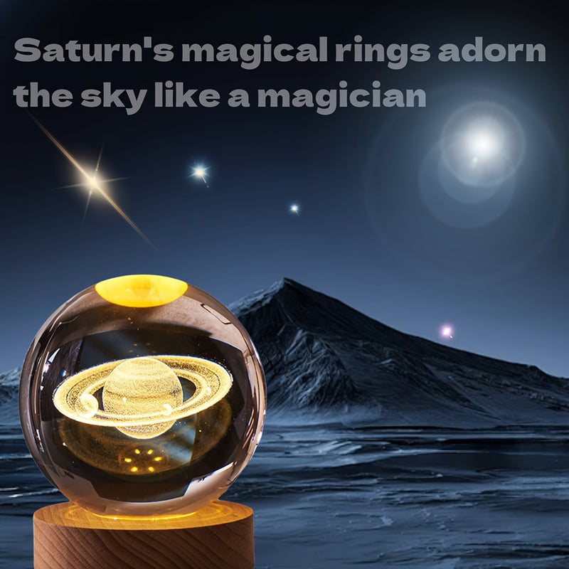 Saturn Crystal Night Light - Wooden Base, Warm LED Light, USB Powered, Study and Bedroom Decor