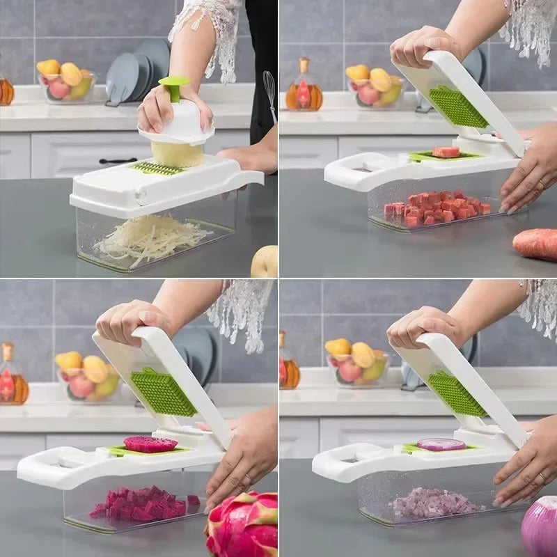 Multifunctional Vegetable Slicer Cutter Shredders Slicer With Basket Fruit Potato Chopper Carrot Grater/  Green Black 14 in 1