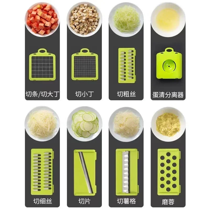 Multifunctional Vegetable Slicer Cutter Shredders Slicer With Basket Fruit Potato Chopper Carrot Grater/  Green Black 14 in 1