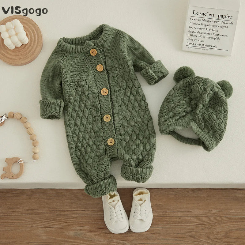 VISgogo-Mono de invierno para bebé, 2 uds., ropa para niños y niñas, Pelele de punto de manga larga de Color sólido + conjunto de sombrero de oso