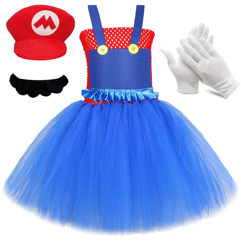 Disfraces de Super Bros para niñas, cumpleaños, Halloween, Outft para niños, vestido tutú de personaje de dibujos animados con sombrero, barba, ropa de juego de Anime