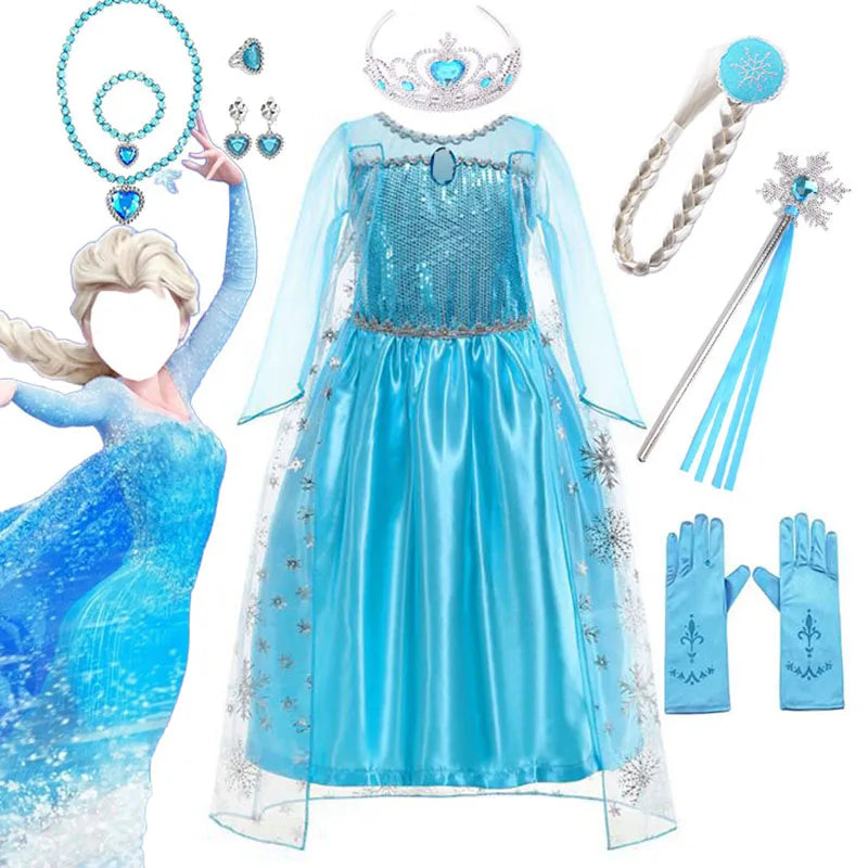 Snow Queen Princess Dress for Little Girls Frozen Cosplay Carnival Halloween Elsa Party Costume Children Elsa Sequined Clothing