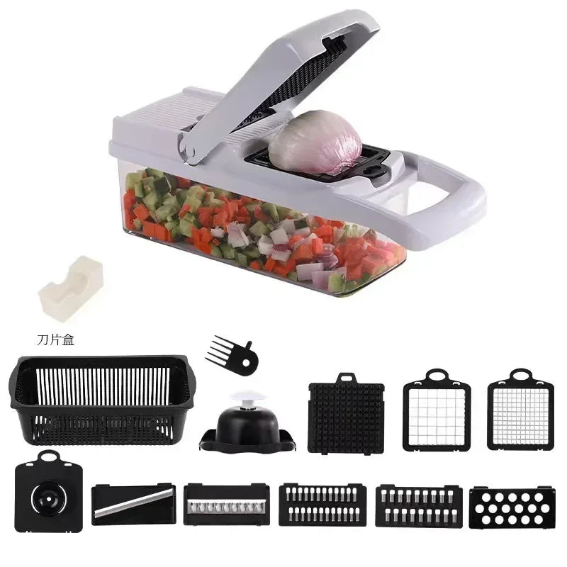 Multifunctional Vegetable Slicer Cutter Shredders Slicer With Basket Fruit Potato Chopper Carrot Grater/  Green Black 14 in 1