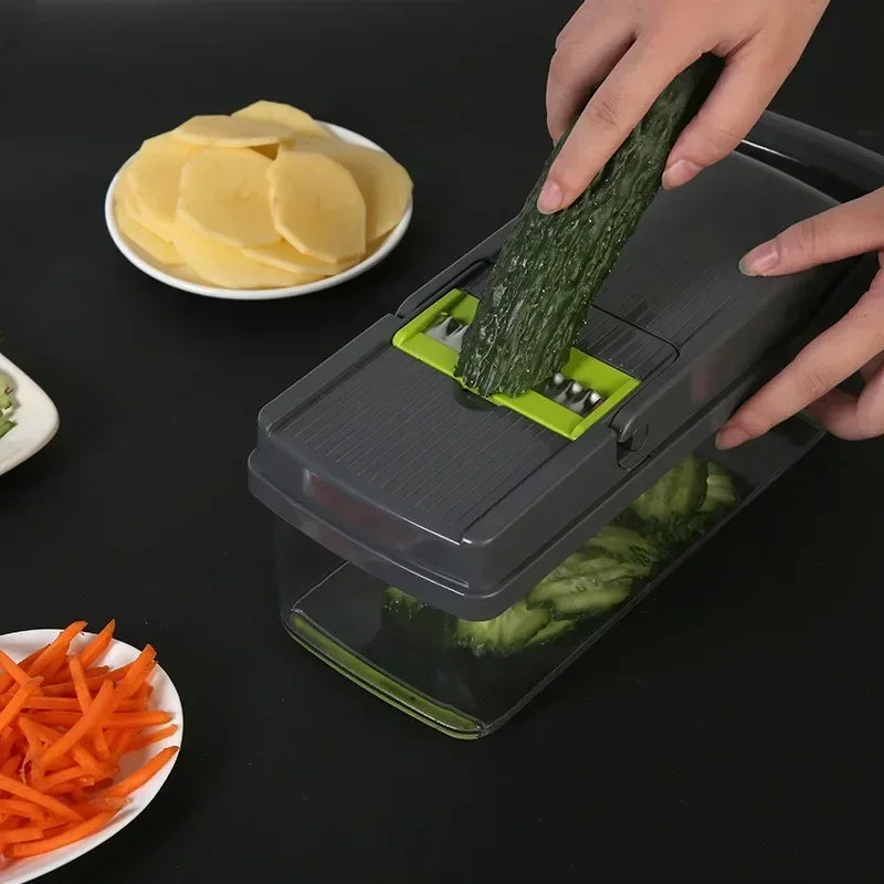 Multifunctional Vegetable Slicer Cutter Shredders Slicer With Basket Fruit Potato Chopper Carrot Grater/  Green Black 14 in 1