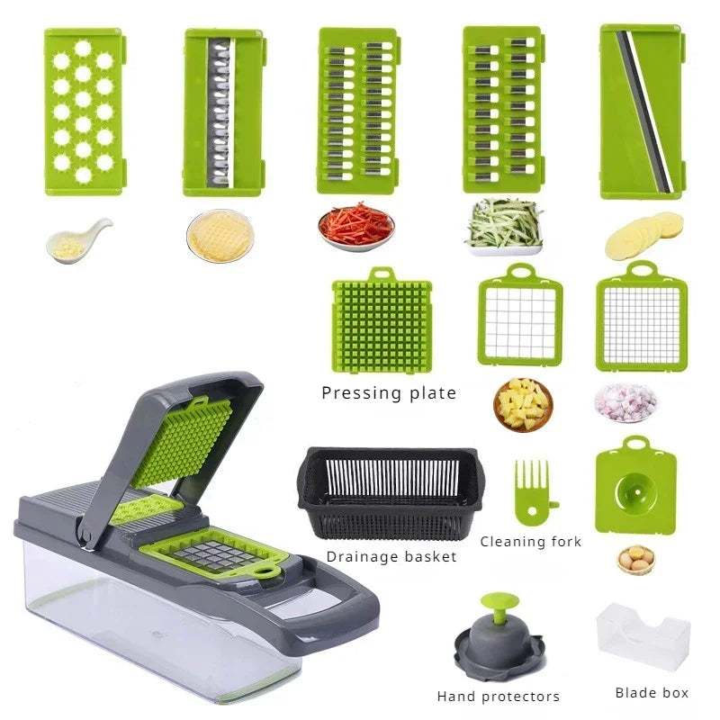 Multifunctional Vegetable Slicer Cutter Shredders Slicer With Basket Fruit Potato Chopper Carrot Grater/  Green Black 14 in 1