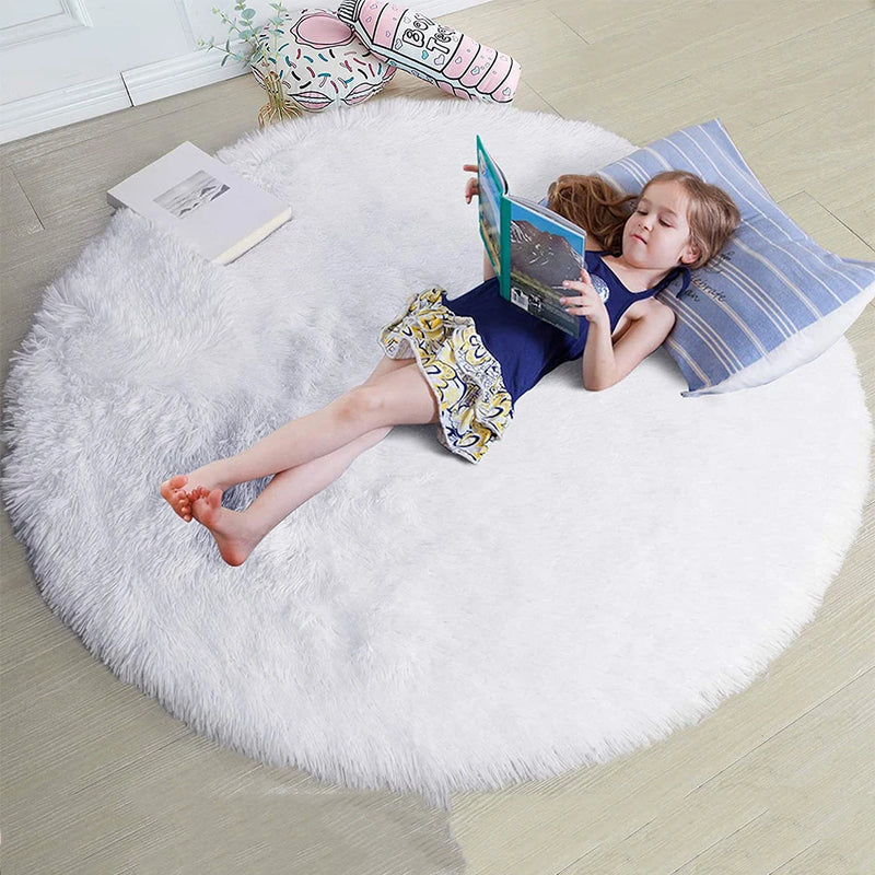 Plush Round Rug White Children Carpets for Living Room Home Decor Soft Kid Bedroom FloorPlay Mat Baby Room Fluffy Cute Rug