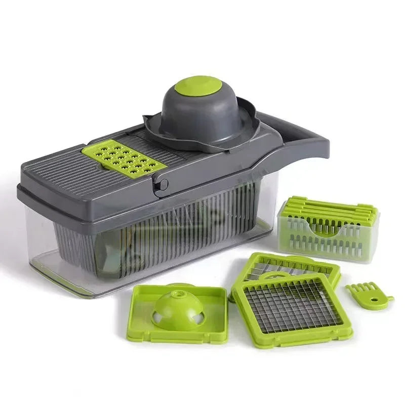 Multifunctional Vegetable Slicer Cutter Shredders Slicer With Basket Fruit Potato Chopper Carrot Grater/  Green Black 14 in 1