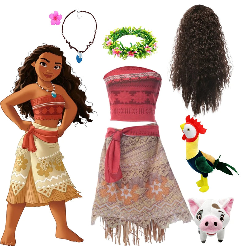 Disfraz de Moana, Princesa Vaiana, ropa para niños, Vestidos de Disney para niñas, vestido de verano con tirantes y espalda descubierta para niños, conjunto y peluca