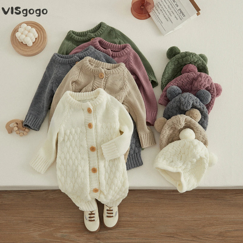 VISgogo-Mono de invierno para bebé, 2 uds., ropa para niños y niñas, Pelele de punto de manga larga de Color sólido + conjunto de sombrero de oso