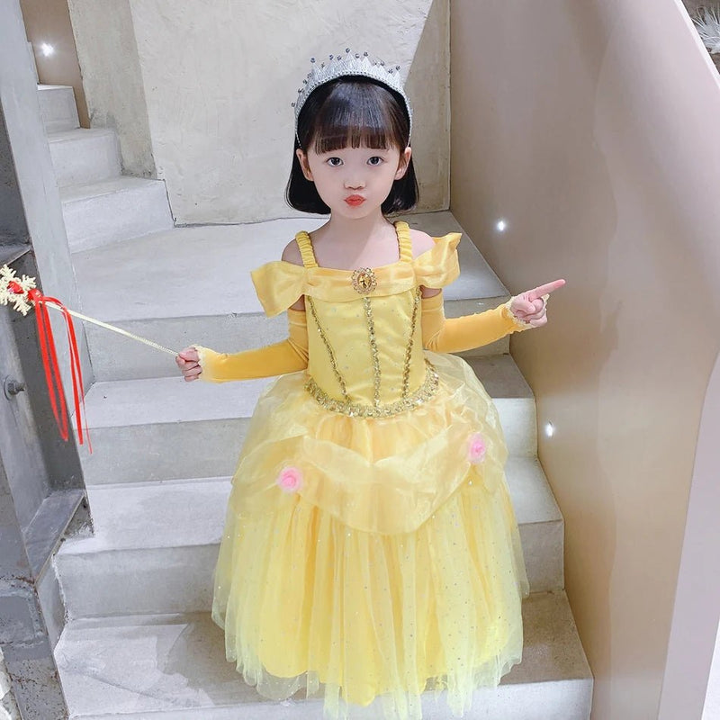 Disney Princess Belle Dress for Girl Kid Beauty and The Beast Fancy Tulle Cosplay Costume Halloween Chrismtas Party Clothing - ALPHA SHOP