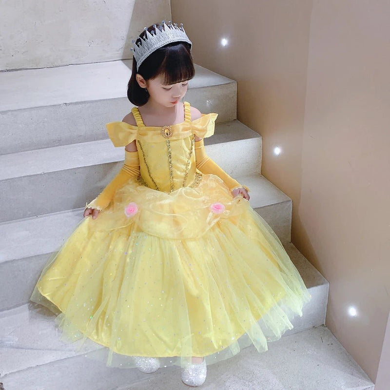 Disney Princess Belle Dress for Girl Kid Beauty and The Beast Fancy Tulle Cosplay Costume Halloween Chrismtas Party Clothing - ALPHA SHOP