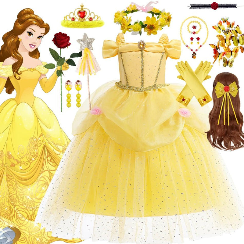 Disney Princess Belle Dress for Girl Kid Beauty and The Beast Fancy Tulle Cosplay Costume Halloween Chrismtas Party Clothing - ALPHA SHOP