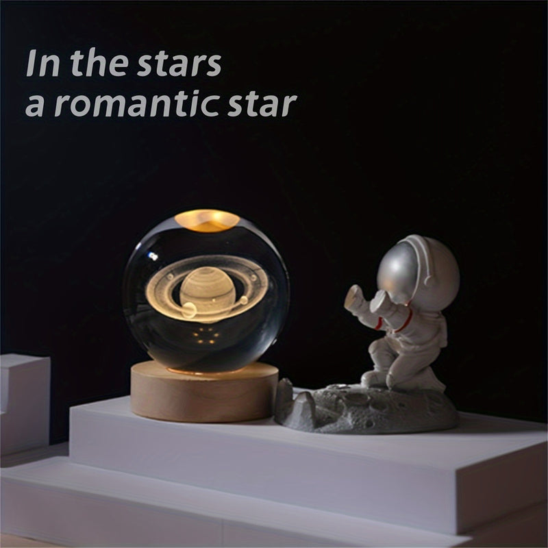 Saturn Crystal Night Light - Wooden Base, Warm LED Light, USB Powered, Study and Bedroom Decor