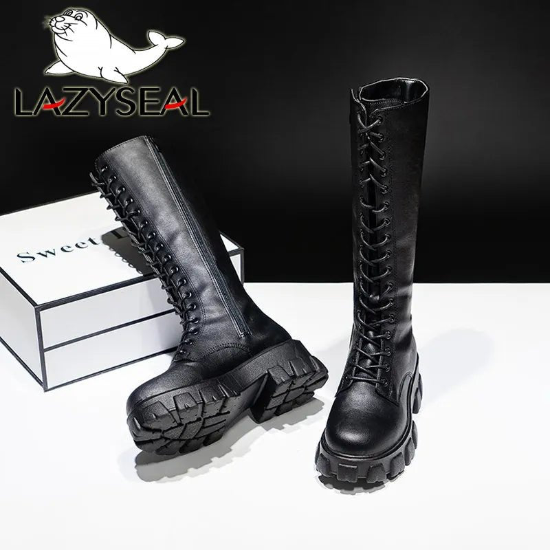 LazySeal Winter Long Boot Shoes Women White Lace Up Zip Height Increasing Pu Leather Shoes Plush Botas Mujer Big Size 43 - ALPHA SHOP