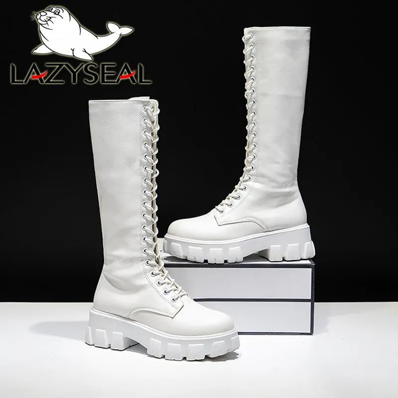 LazySeal Winter Long Boot Shoes Women White Lace Up Zip Height Increasing Pu Leather Shoes Plush Botas Mujer Big Size 43 - ALPHA SHOP