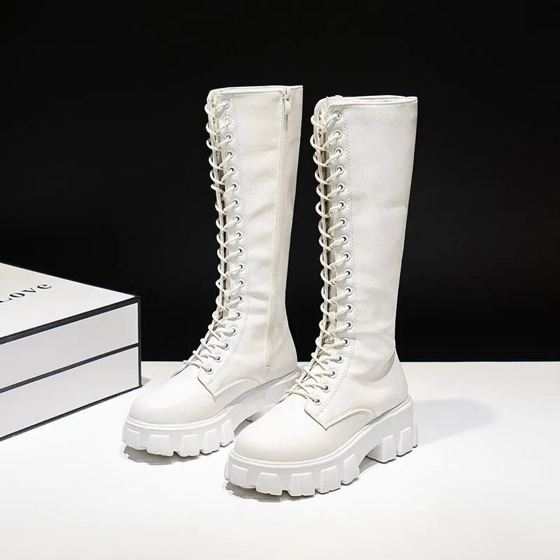 LazySeal Winter Long Boot Shoes Women White Lace Up Zip Height Increasing Pu Leather Shoes Plush Botas Mujer Big Size 43 - ALPHA SHOP