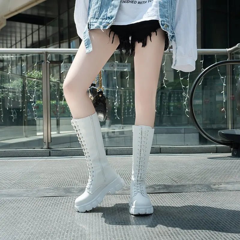 LazySeal Winter Long Boot Shoes Women White Lace Up Zip Height Increasing Pu Leather Shoes Plush Botas Mujer Big Size 43 - ALPHA SHOP